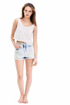 女人时尚肖像孤立的白色背景时尚的时尚的很酷的服装模型背景模型苗条的身体休闲夏天衣服市场营销模拟基因设计师品牌