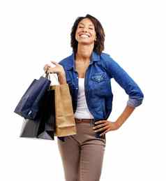 时尚购物黑色的女人笑工作室白色背景市场营销模型空间有趣的微笑出售快乐女孩客户购物袋折扣交易促销提供