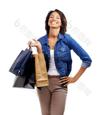 <strong>时尚</strong>购物黑色的女人笑工作室白色背景市场营销模型空间有趣的微笑出售快乐女孩<strong>客户</strong>购物袋折扣交易促销提供