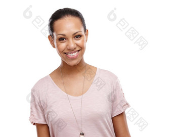 快乐女人微笑牙齿幸福愿景配置文件白色工作室背景肖像孤立的华丽的年轻的女微笑幸福的站白色背景