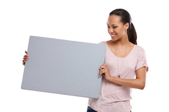 工作室模型女人横幅白色背景公告信息消息市场营销广告快乐女孩孤立的灰色的海报品牌标志文本打印