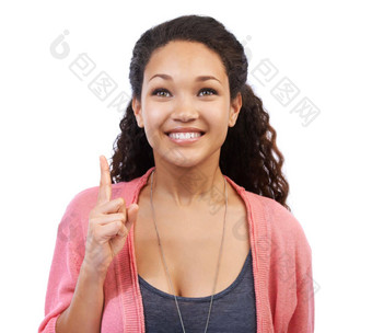 美白色背景女人指出手指广告市场营销复制空间工作室微笑品牌美丽的女孩手手势公告出售产品交易