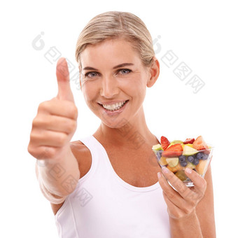 饮食水果<strong>沙拉</strong>肖像女人拇指吃健康的快乐孤立的白色背景健康<strong>沙拉营养</strong>美丽的快乐女人水果食物手手势