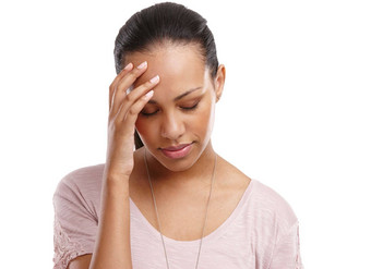 头疼女人脸疼痛压力乏力危机焦虑孤立的白色背景精神健康抑郁症心理学大脑肖像大脑雾模型