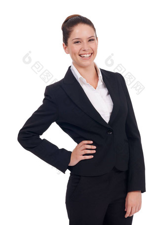 放松<strong>企业世界</strong>工作室拍摄年轻的业务女人站手臀部孤立的白色