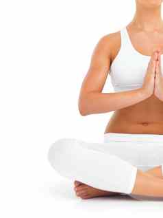 瑜伽纳马斯特手女人工作室孤立的白色背景模型Zen脉轮普拉提冥想女运动员锻炼培训冥想健康健康正念