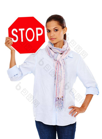 女人停止路标志<strong>交通规则</strong>谨慎肖像停止标志孤立的白色背景警告标志红色的限制危险路规定年轻的女标志