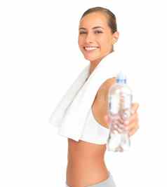 健身女人给水瓶工作室健康健康培训动机提供液体营养体育运动员模型手持有产品孤立的白色背景