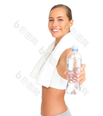 健身女人给水瓶工作室健康健康<strong>培训</strong>动机提供液体营养体育运动员模型手持有<strong>产品</strong>孤立的白色背景