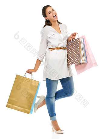 女人购物袋零售客户肖像商店出售孤立的白色背景购物折扣讨价还价时尚衣服设计师品牌快乐女人