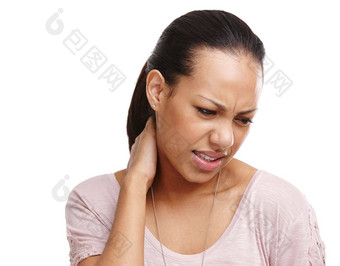 不舒服压力女人工作室脖子疼痛受伤事故医疗紧急痛苦的伤害女墨西哥肌肉扭<strong>伤痛</strong>张力孤立的白色背景