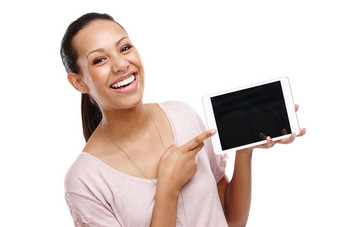 肖像指出女人平板电脑模型工作室孤立的白色背景脸市场营销快乐女持有触屏技术产品放置广告空间
