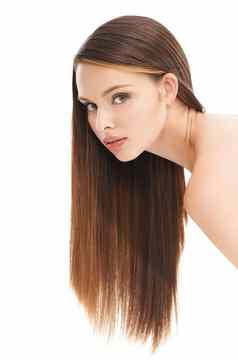 肖像头发美模型女人工作室白色背景直发型沙龙头发的护理增长有吸引力的年轻的女摆姿势促进角蛋白治疗