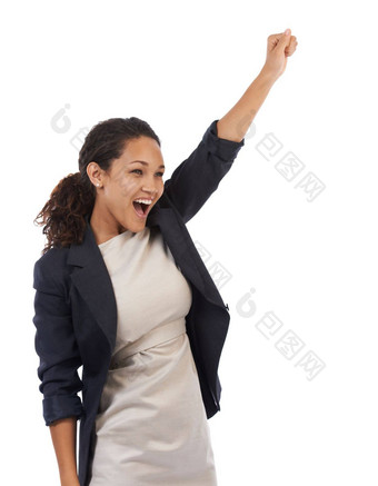 成功庆祝活动业务女人手臂白色背景模型哇庆祝快乐成功的企业黑色的女人微笑赋权幸福庆祝交易