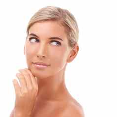 美护肤品脸女人化妆化妆品皮肤病学结果发光皮肤年轻的女模型孤立的白色背景思考水疗中心治疗健康