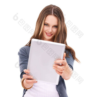 女人平板电脑微笑肖像技术互联网沟通模型白色背景<strong>科技网络</strong>年轻的女无线数字设备市场营销无线<strong>网络网络</strong>