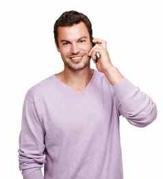 移动电话调用肖像男人。微笑联系在线会说话的技术孤立的幸福谈话人移动电话说话模拟白色背景