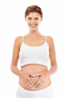 怀孕肖像妈妈心胃工作室产前护理爱幸福健康健康快乐怀孕了女模型持有肚子白色背景
