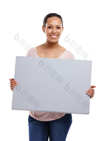 女人工作室肖像模型海报微笑市场营销快乐白色背景孤立的黑色的女人模拟广告牌幸福品牌空白纸董事会广告标志