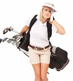 高尔夫球女人俱乐部袋头疼工作室肖像压力累了体育设备白色背景孤立的高尔夫球手女孩铁高尔夫球俱乐部背包游戏体育运动疼痛头