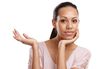 黑色的女人肖像手棕榈广告空间产品放置动机脸女模型持有模型促销活动折扣交易提供孤立的白色背景