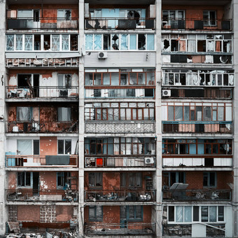 公寓建筑战争区损害房子结果炮兵罢工战争住宅区域破碎的窗户燃烧公寓武装冲突乌克兰