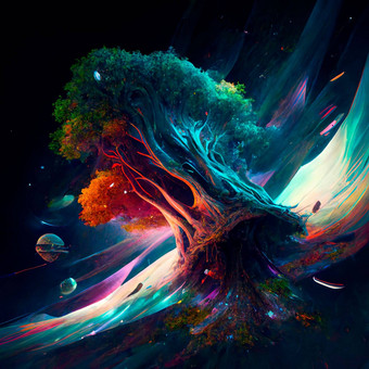 魔法色彩斑斓的树空间飞行空间