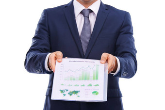 业务男人。显示文档图工作室模型可持续发展的增长数据分析金融统计数据投资组合纸利润收入绿色企业图表孤立的白色背景