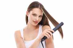 女人头发护理铁头发美肖像化妆品护理电工具白色背景直头发角蛋白治疗发型模型健康梳理