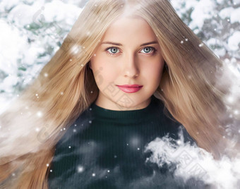 冬天美圣诞节时间快乐<strong>假期</strong>美丽的女人长发型自然化妆雪森林下雪雪设计圣诞节一年<strong>假期生活</strong>方式肖像