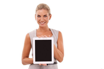 平板电脑模型肖像女商人白色背景孤立的工作室广告空间快乐工人女模型数字模拟屏幕网站电子邮件市场营销平台