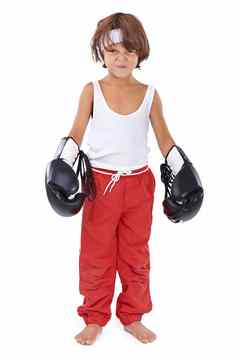 他拳击手精神肖像年轻的男孩拳击齿轮假装激烈的战斗机