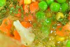 菜花玉米欧芹纹理冻汤vetetables冻汤蔬菜冻汤蔬菜准备好了烹饪平设计前视图宏背景水平图像部分模糊