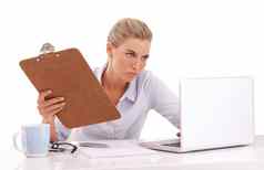 思考业务女人移动PC剪贴板白色背景审查招聘广告人类资源工人技术纸文档孤立的创新愿景