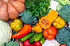 蔬菜铺设木表格大分类蔬菜食物南瓜卷心菜西兰花胡椒西红柿胡萝卜