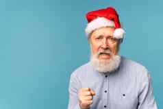悲观的圣诞老人老人肖像蓝色的背景复制空间蓝色的背景经济危机麻烦结束一年概念