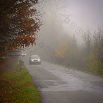 路秋天多雾的危险的车开车冬天季节坏天气雨交通路概念交通路安全