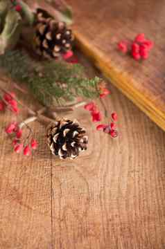 圣诞节背景使伊帕多布云杉分支机构视锥细胞红色的荚莲属的植物浆果黑暗木乡村背景圣诞节背景复制空间文本前视图