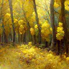 秋天森林景观色彩斑斓的水彩绘画秋天季节绿色黄色的树