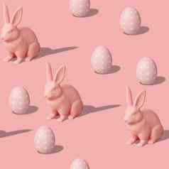无缝的等角模式复活节鸡蛋兔子粉红色的背景色彩斑斓的设计打印纺织包装纸硬光阴影快乐复活节一天无缝的纹理呈现