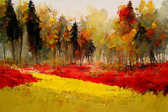 秋天森林景观色彩斑斓的水彩绘画秋天季节红色的黄色的树