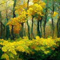 秋天森林景观色彩斑斓的水彩绘画秋天季节绿色黄色的树