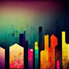 摘要晚上建筑城市水彩绘画城市数字生成的说明当代艺术