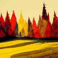 秋天森林景观色彩斑斓的水彩绘画秋天季节红色的黄色的树