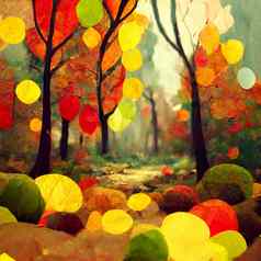 秋天森林景观色彩斑斓的水彩绘画秋天季节红色的绿色黄色的树