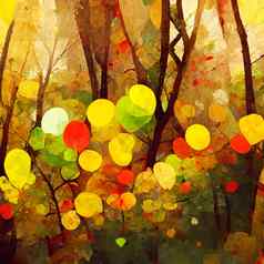 秋天森林景观色彩斑斓的水彩绘画秋天季节红色的绿色黄色的树