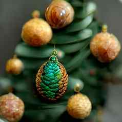 绿色金圣诞节装饰冷杉树点缀背景