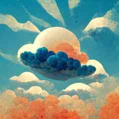 Cloudscape蓝色的天空云太阳复古的艺术风格