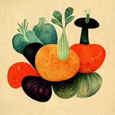 摘要当代现代艺术极简主义复古的插图蔬菜水果