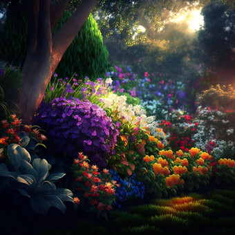 魔法花园阳光美丽的花美自然美丽的花园现实的风格